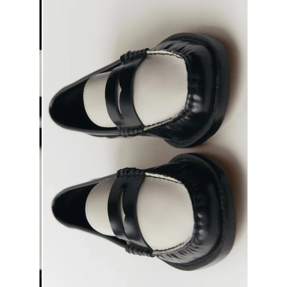 NEW MANGO MNG BLACK WHITE TWO TONE LEATHER PENNY LOAFERS SHOES SZ 37 US 6.5